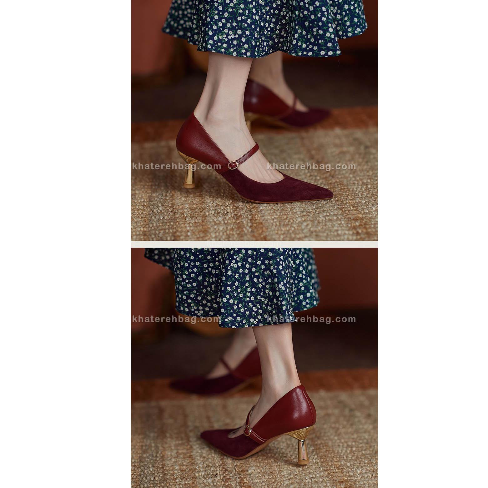 18360.......... کفش پاشنه دار ترکیب اشبالت و چرم زرشکی کد 18360 - تصویر 6